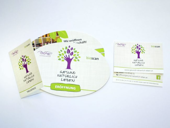 Gesund natürlich leben Gesamtkonzept Flyer Visitenkarten Treuepass